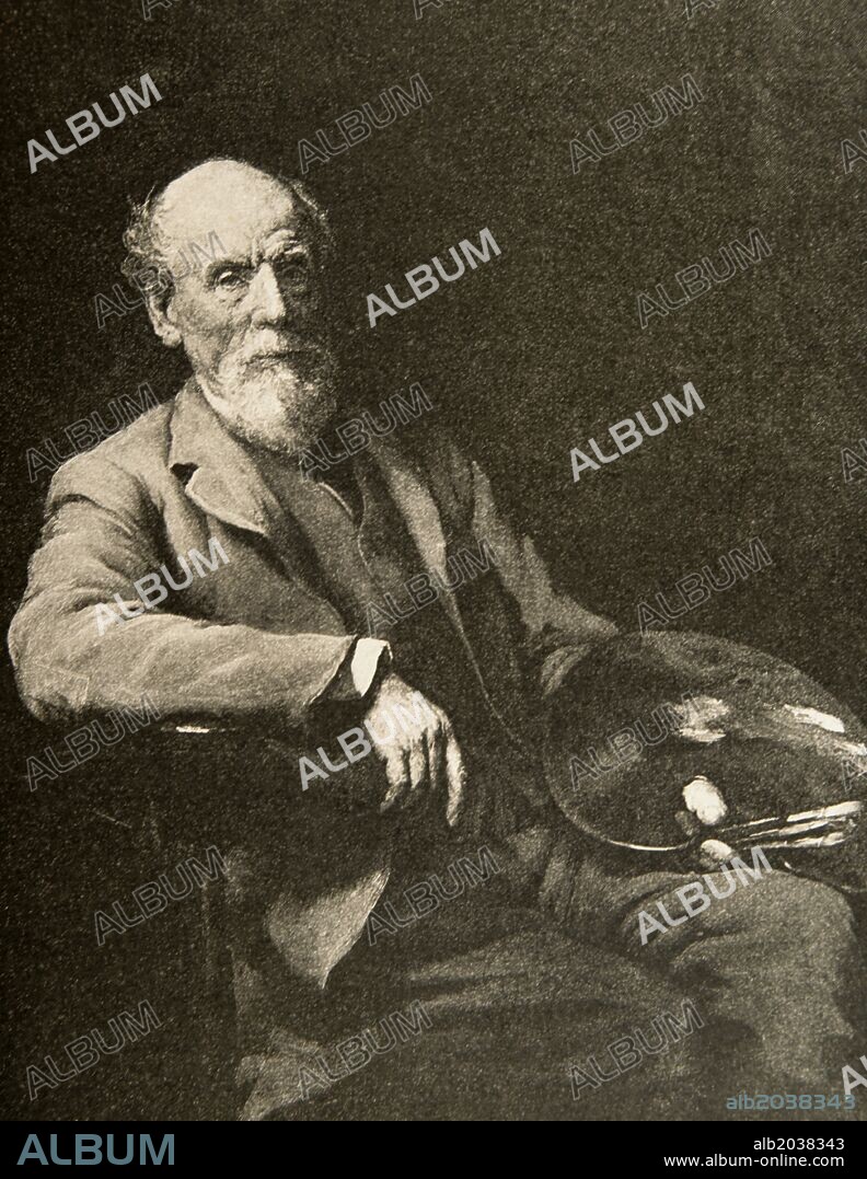 Thomas Sidney Cooper (1803-1902). Pintor inglés especializado en paisajes. Grabado de un retrato del artista realizado por W. Ouless. "La Ilustración Ibérica", 1891.