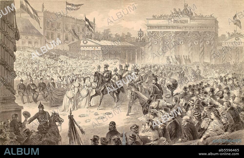 KARL RECHLIN. Berlin, 16. Juni 1871: Siegeseinzug der Truppen aus dem dt. frz. Krieg 1870/71. "Einzug der Truppen in Berlin": Empfang des Kaisers durch die Ehrenjungfrauen am Brandenburger Tor. Holzstich, zeitgenössisch, nach einer Zeichnung von C. Rechlin d. J., um 1871. Berlin, Sammlung Archiv für Kunst und Geschichte.