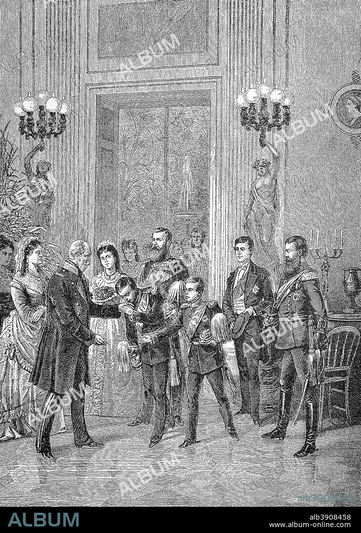 William I or Wilhelm I, full name is William Frederick Louis of Hohenzollern, King of Prussia and the first German Emperor, the family congratulated him on March 22, 1875 on his 78th birthday, reproduction of a woodcut publication from the year 1888, Germany, Europe.