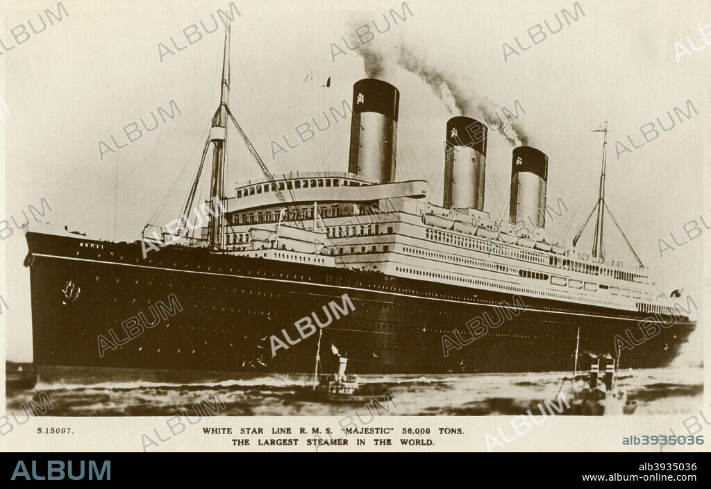 RMS 'Majestic', White Star Line steamship, c1920s. Built in Germany as the SS 'Bismarck', this was the largest ship in the world when she was launched in 1914. The outbreak of the First World War delayed her completion and after the war she was turned over to Britain under the terms of the Treaty of Versailles and was renamed 'Majestic', becoming the flagship of the White Star Line. She was sold in 1936 and transferred to Rosyth in Scotland to serve as a cadet training ship, HMS 'Caledonia', but was badly damaged by fire in 1939 and was sold for scrap the following year.