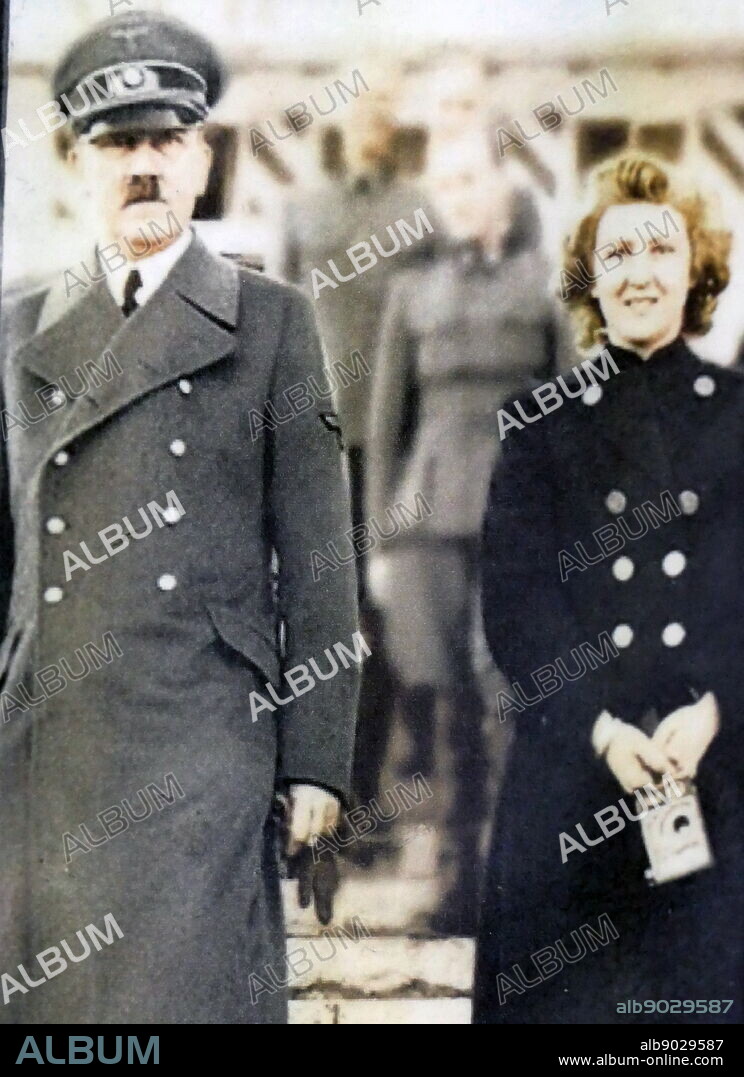 Colour photograph of Eva Braun with Adolf Hitler. Eva Anna Paula Hitler (1912-1945) long-time companion and wife of Adolf Hitler. Adolf Hitler (1889-1945) a German politician and leader of the Nazi Party.