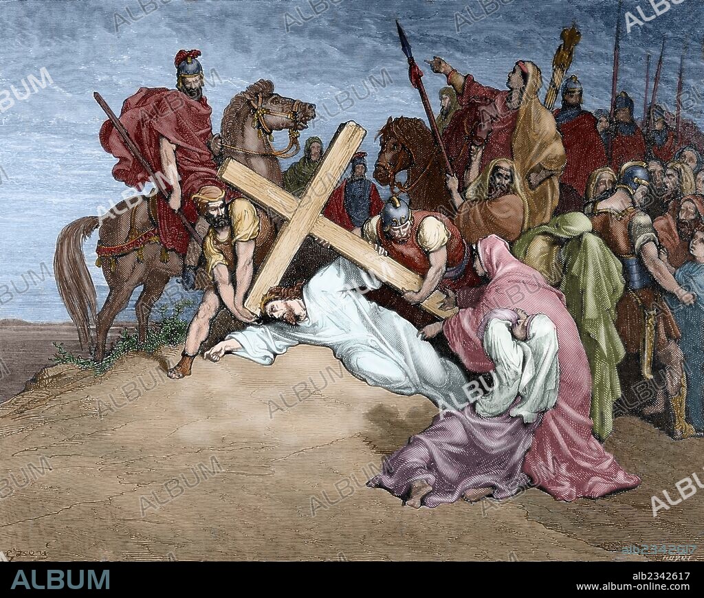 NUEVO TESTAMENTO. JESUS. "JESUS LLEGA A LA CIMA DEL CALVARIO". Evangelio de san Juan. Cap. XIX. Versículo 16 y 17. Dibujo de G. Doré. Grabador Huyot. Siglo XIX. Coloreado.