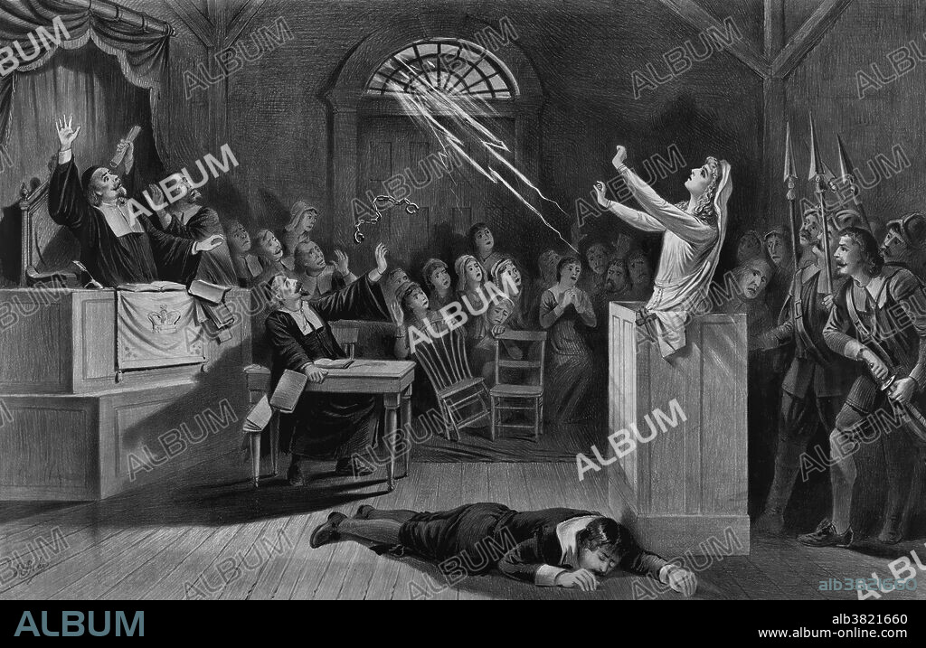 Lithograph by Joseph E. Baker entitled: "The Witch. The infamous Salem witch trials of 1692-93." The infamous Salem witch trials of 1692-93. The background of this tragedy is that the Salem Village congregation had always been rather quarrelsome, and that for years there were many disputes between neighbors. Mostly they had to do with property and grazing rights, but there was also a lot of discontent and personal animosity. Over the course of twenty years, three ministers had left the parish. Malice, rapacity, and revenge often impelled persons to accuse others who were innocent. Some, terrified, and with the hope of saving their lives or avoiding the horrors of imprisonment, would falsely accuse their friends and kinsfolk. Neither age, sex, nor condition was spared. More than 200 people were accused unjustly of practicing witchcraft. Eventually, the colonial government acknowledged that the trials were a mistake, and compensated the families of those convicted. But that vindication came too late for the 19 defendants who were executed. A 20th, Giles Corey, was pressed to death when he refused to plead. As many as 13 others died in prison.