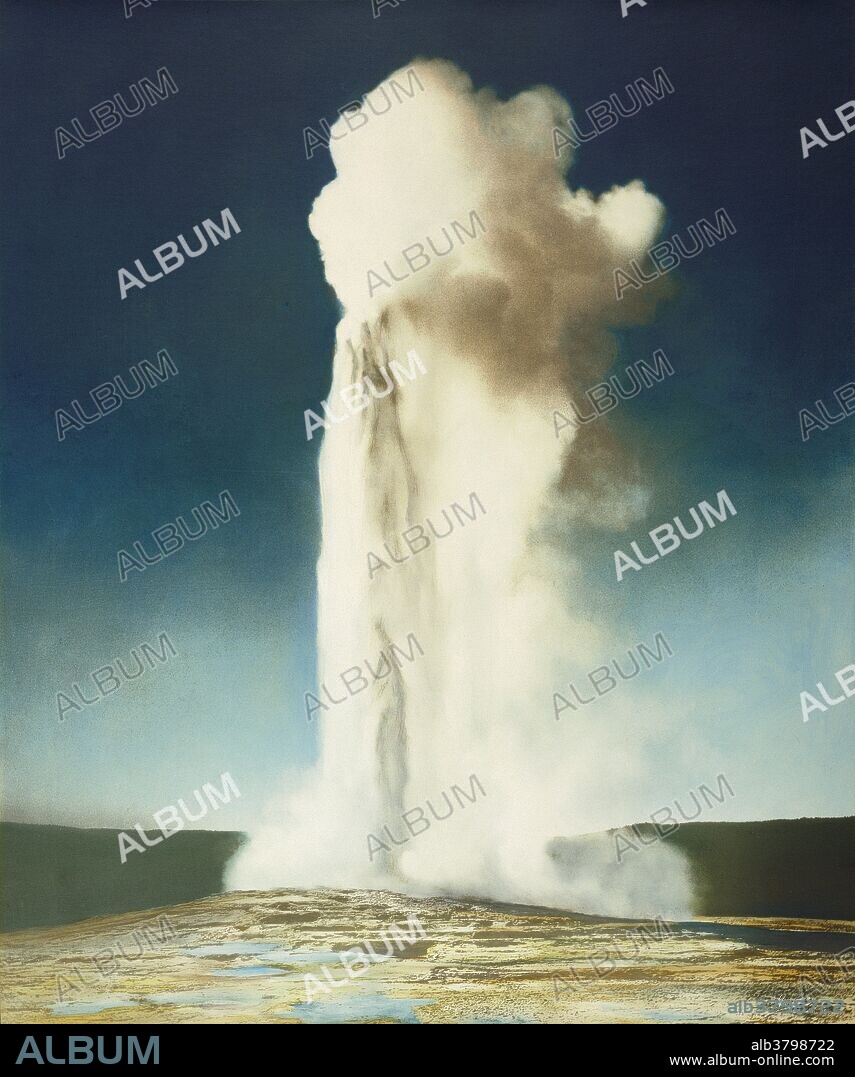 Old Faithful Geyser, photographed by Frank Jay Haynes (American, 1853 - 1921). Yellowstone National Park, Wyoming, United States; about 1900 - 1905. Hand-colored gelatin silver print.