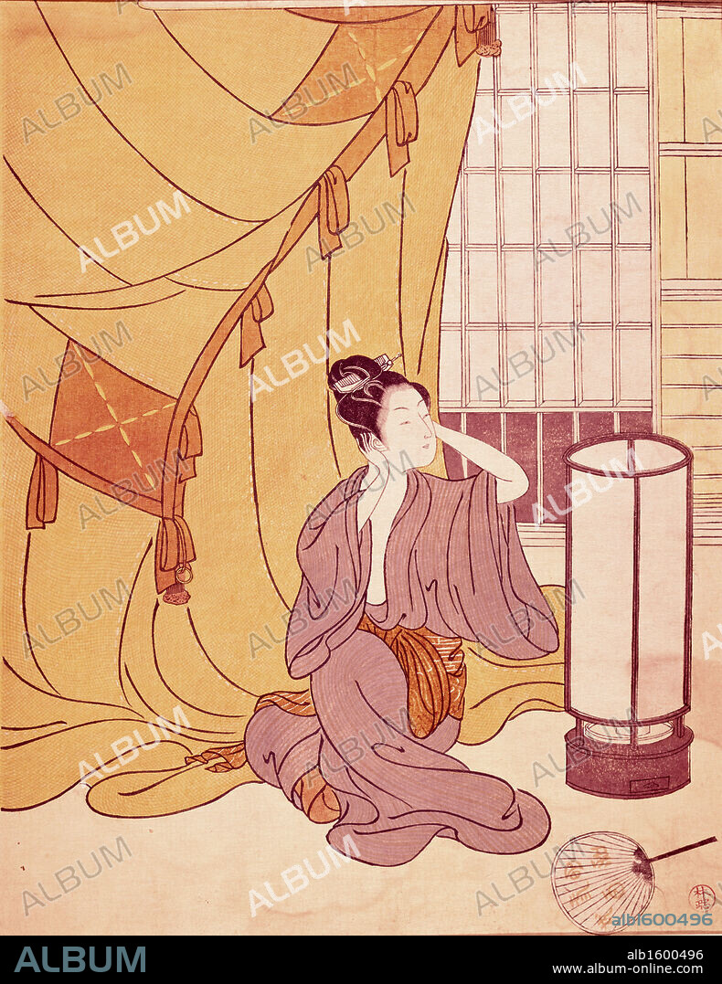JAPANESE ART. Woman Primping   Artist Unknown (Japanese)  Woodblock print.