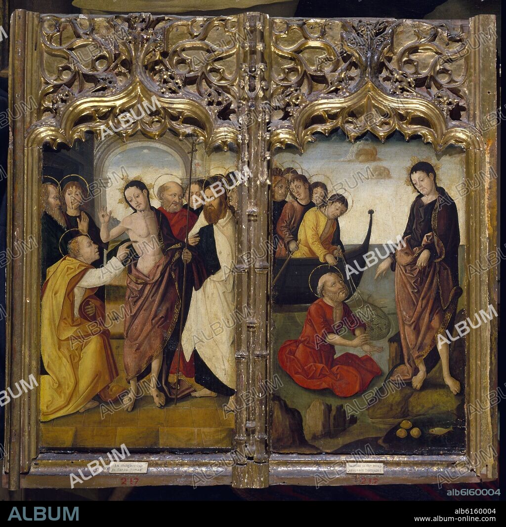 FRANCISCO DE OSONA EL JOVEN (1465-1514). PREDELA DERECHA - INCREDULIDAD DE SANTO TOMAS Y DUDA DE SAN PEDRO EN EL LAGO TIBERIADES - 1505 - POLIPTICO - 96x98 cm.