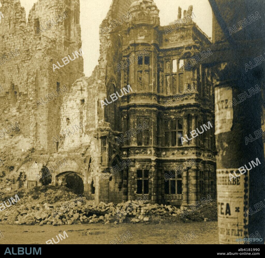 Hôtel de Ville, Arras, northern France, c1914-c1918. The Hôtel de Ville is a historic building in Arras, completed in 1517. It was almost completely destroyed in World War I and rebuilt during the 1920s. Photograph from a series of glass plate stereoview images depicting scenes from World War I (1914-1918).