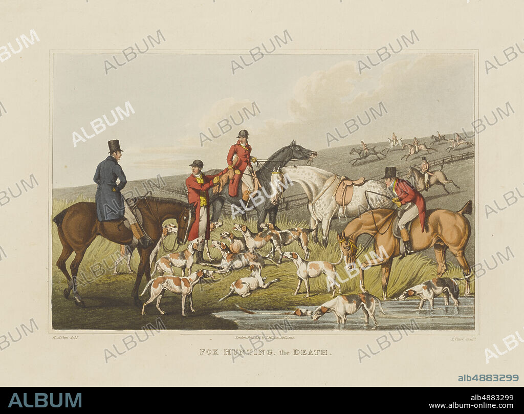 John Heaviside Clark, Scottish, c. 17701863, After Henry Thomas Alken, (English, 1785 - 1851), Fox Hunting: The Death, Published Jan. 1, 1820, Color aquatint on paper, image: 7 5/8 x 11 11/16 in. (19.4 x 29.7 cm).