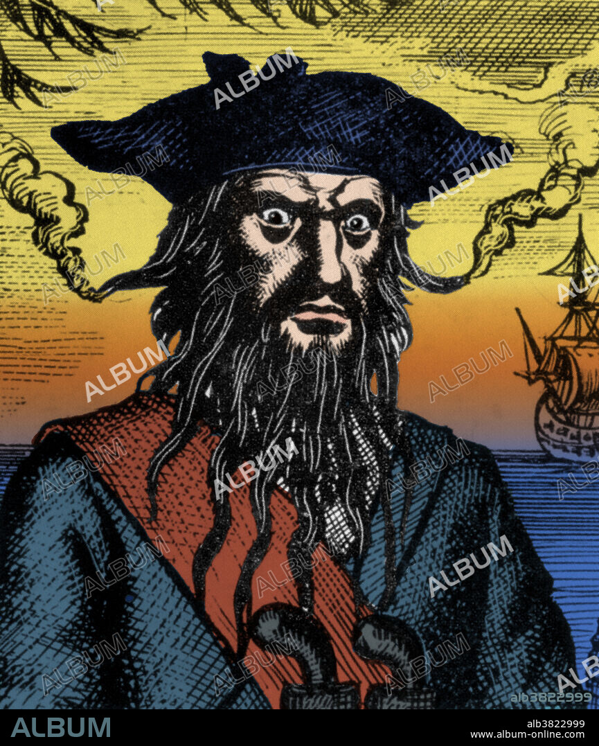Edward Teach (1680-1718), better known as Blackbeard, was a notorious English pirate who operated around the West Indies and the eastern coast of the American colonies. He was a sailor on privateer ships during Queen Anne's War. By war's end, he had become an experienced sea robber and decided to join a group of Caribbean pirates. He captured a French merchant vessel, renamed her Queen Anne's Revenge, and equipped her with 40 guns. His nickname came from his thick black beard and fearsome appearance. There is no known account of his ever having harmed or murdered those he held captive. Blackbeard and several of his crew were killed on November 22, 1718 by a group of sailors sent by the governor of Virginia to capture him. He had been shot five times and cut about twenty. His corpse was thrown into the inlet while his head was suspended from the bowsprit of the sailors sloop. Blackbeard's flag depicted a skeleton spearing a heart, while toasting the.