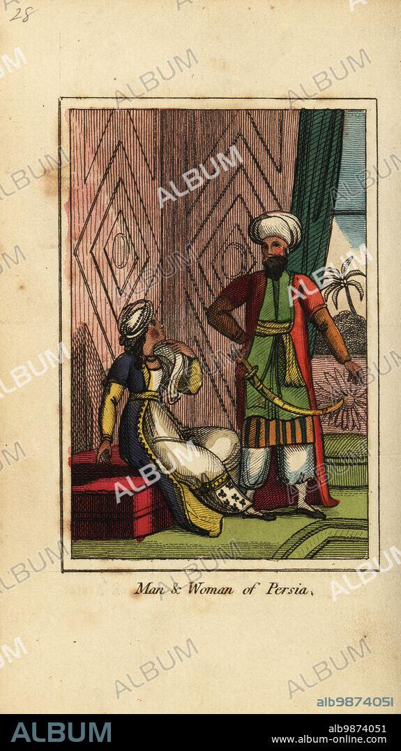 Man and woman of Persia, 1818. The man wears a turban, cloack, tunic, harem pants and scimitar, the woman wears a turban with veil, cloak and dress. Handcoloured copperplate engraving from Mary Anne Vennings A Geographical Present being Descriptions of the Principal Countries of the World, Darton, Harvey and Darton, London, 1818. Venning wrote educational books on geography, conchology and mineralogy in the early 19th century.