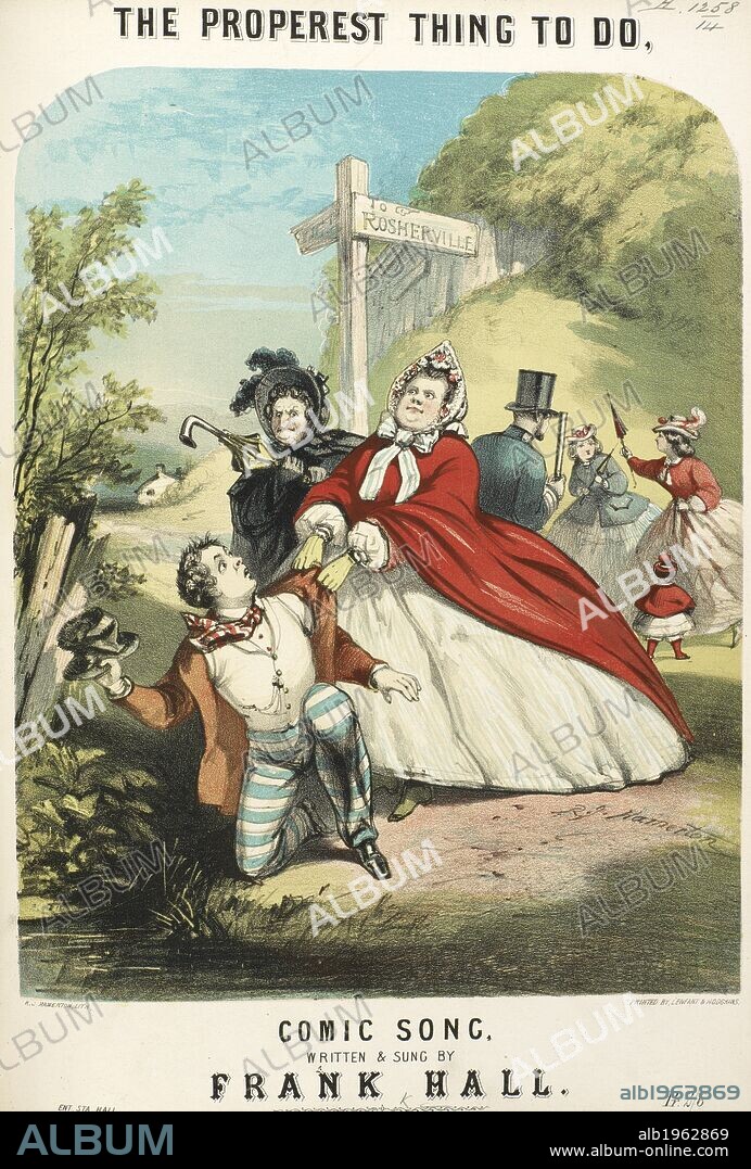 FRANK HALL. Two women attacking kneeling man at crossroads. Comic song sheet cover illustration. . The Properest Thing to do. London, [1863]. The Properest Thing to do. Comic Song [begins: "One morn"]. (Arranged by G. Bicknell.). Hall, Frank. Source: H.1258.(14) front cover (det).