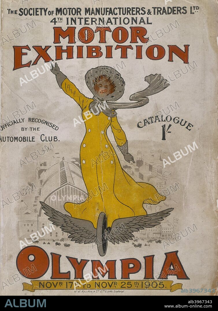 Poster advertising the Olympia Motor Exhibition, 1905. A woman dressed in a driving coat and hat points to the top of the poster. She stand above and in front of the Olympia building.