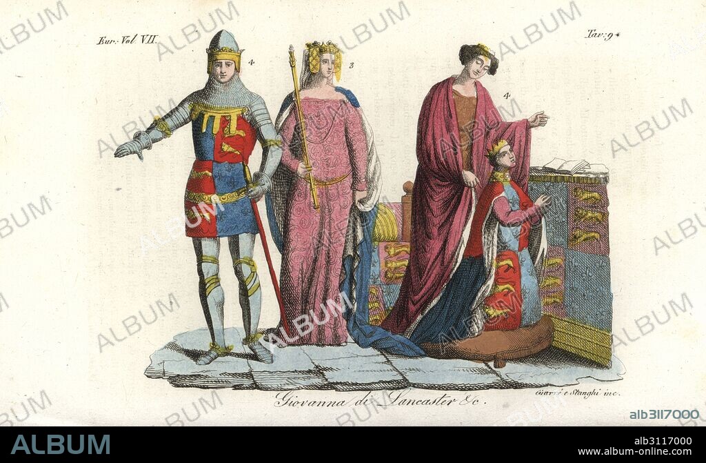 Edward the Black Prince (kneeling) and Joan of Kent 4, Queen Philippa of Hainault with sceptre and crown 3, and King Richard II in chainmail and plate armour 4. Handcoloured copperplate engraving by Giarre and Stanghi from Giulio Ferrario's Costumes Ancient and Modern of the Peoples of the World, Florence, 1847.