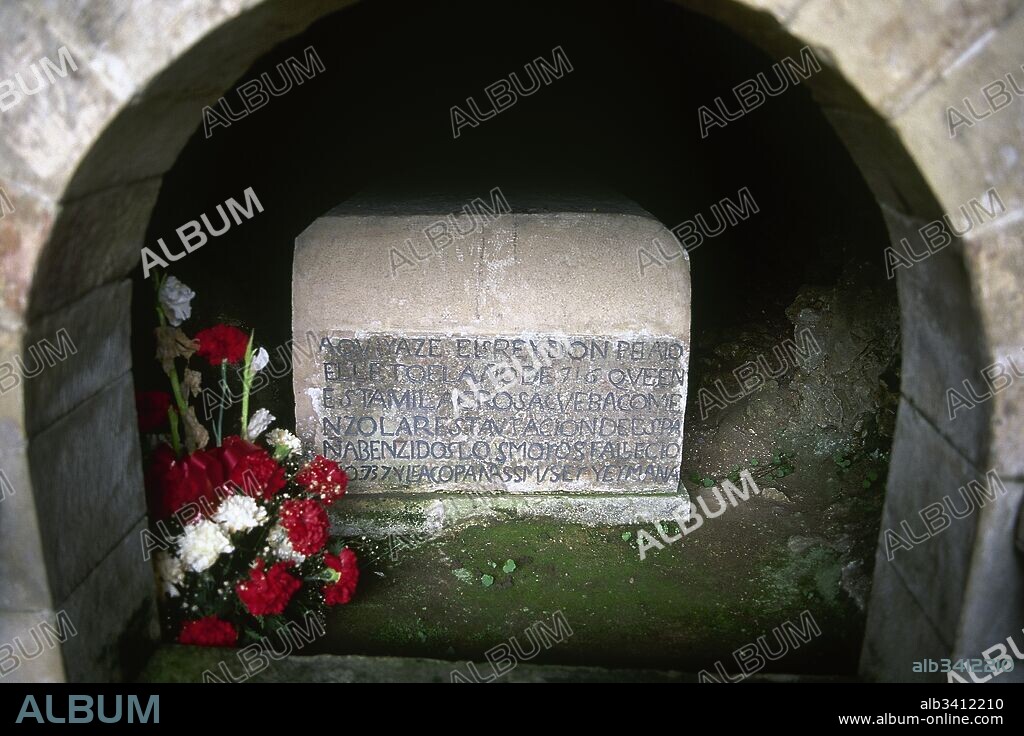 Pelagius of Asturias (c. 685- 737). Visigothic nobleman who founded the Kingdom of Asturias. First king of Asturias. Winner of the Batle of Covadonga against the Moors. Tomb. Royal pantheon. Holy Cave of Covadonga. Municipality of Cangas de Onis, Asturias, Spain.