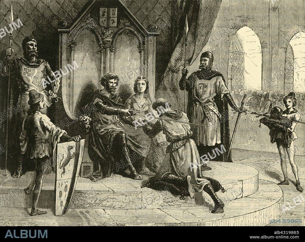 'The Ceremony of Feudal Service',  (c9th-10th century), 1890.  Formal ceremony during  Early Medieval period to create a bond between a lord and his fighting man, or vassal, known as commendation ceremony. From "Cassell's Illustrated Universal History, Vol. III - The Middle Ages", by Edmund Ollier. [Cassell and Company, Limited, London, Paris and Melbourne, 1890. ].