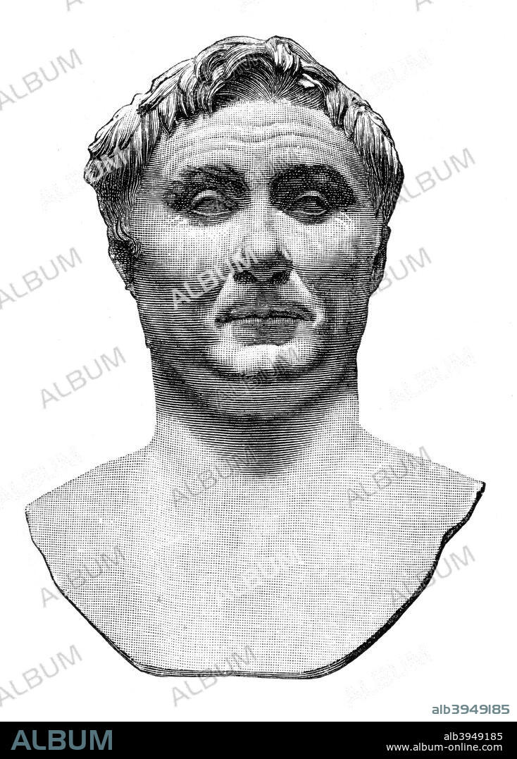 Pompeius Magnus, Roman military and political leader, (1902). Portrait of Sextus Pompeius Magnus Pius (65 BC-35 BC). Illustration from 'The World's History, The Mediterranean Nations, by Dr H F Helmolt, Volume IV, published by William Heinemann, (London, 1902).