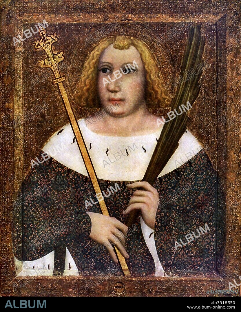 'St Vitus', 1365-1367 (1955). Born in Sicily, St Vitus was martyred in 303 during the persecution of Christians by the co-Emperors Diocletian and Maximian. Prague's cathedral is named for him. Theodoric's magnum opus is a collection of panel and wall paintings of saints, prophets and angels, commissioned by King Charles IV of Bohemia for the Chapel of the Holy Cross at Karlstejn Castle. A print from Gothic Painting in Bohemia 1350-1450, by Antonin Matejcek and Jaroslav Pesina, Artia Prague, 1955.