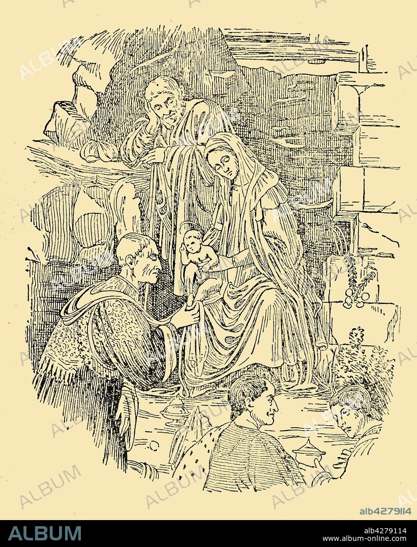 'Cosmo De Medici as One of the Wise Men', c1930. Italian banker and politician Cosimo de' Medici (1389-1464) depicted kneeling in front of the Virgin in a nativity scene. 'From the painting of the Adoration of the Wise Men, ['Adoration of the Magi', painted in 1475], by Sandro Botticelli, who included a portrait of his patron'. From "The World's Story, a Simple History for Boys and Girls", by Elizabeth O'Neill. [T. C. & E. C. Jack, London & Edinburgh, c1930].