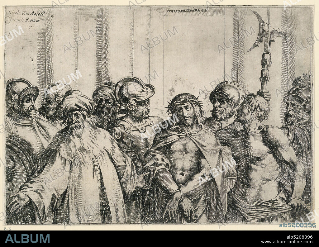 The large 'Ecce Homo', Vespasiano Strada, Italian, 1582 - 1622, Engraving on paper., Horizontal print of Christ, seen frontally, crowned with thorns and being mocked; eight other figures; all shown half-length., Rome, Italy, ca. 1610, figures, Print, Print.