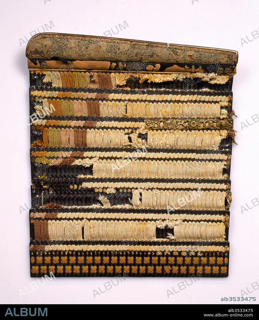 Shoulder Guard (O-Sode), mid–late 14th century, Japanese, Iron, leather, lacquer, silk, gilt copper, H. 17 1/4 in. (43.8 cm); W. 13 3/4 in. (34.9 cm), Armor Parts, Large square sode are the earliest form of shoulder guards used in Japan. This rare, unrestored example is almost contemporary with the Ashikaga armor in the center of this gallery.