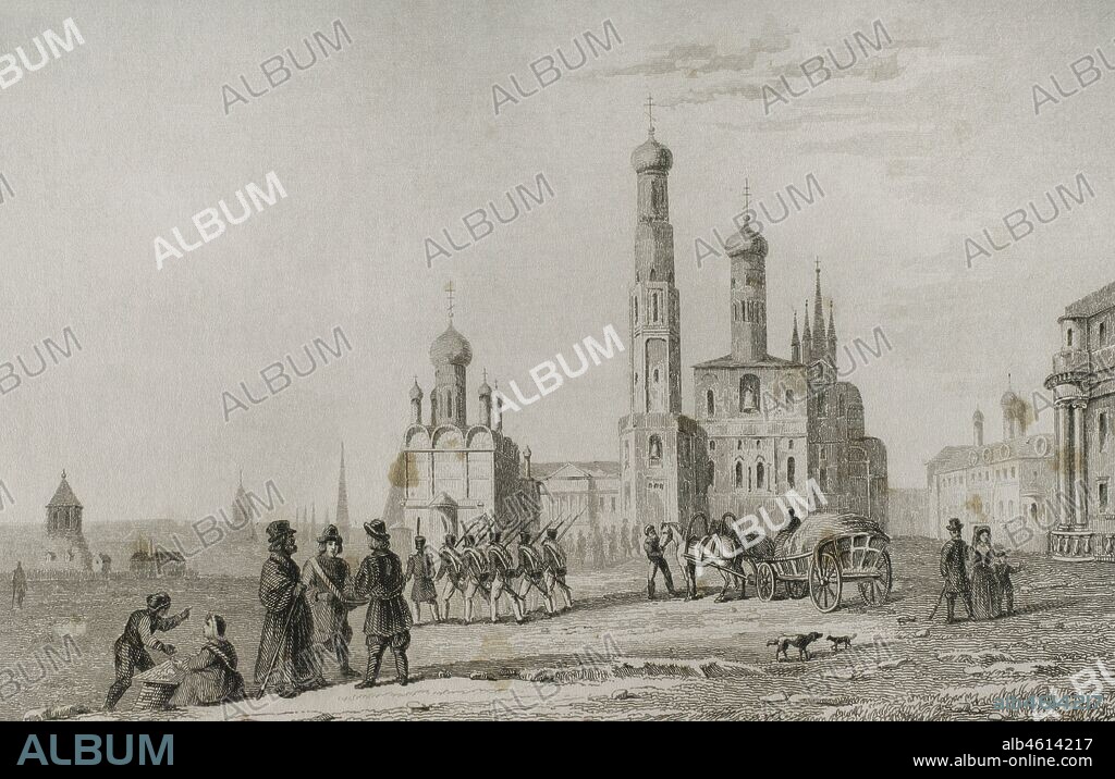 Rusia. Moscú. Campanario de Iván el Grande (1505-1508). Kremlin. Plaza de las Catedrales. Grabado por Lemaitre y Cholet. Historia de Rusia por Chopin. Panorama Universal, edición española de 1839.