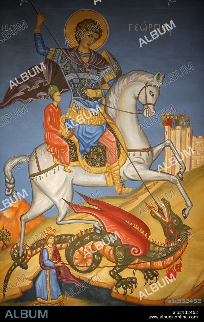 Greek orthodox icon depicting Saint George slaying a dragon in St George's orthodox church, Madaba.