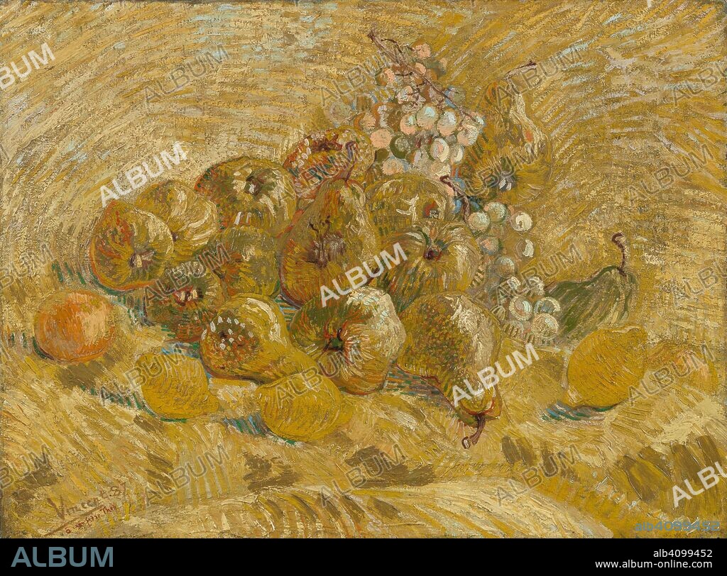 VINCENT VAN GOGH. Quinces, Lemons, Pears and Grapes. Date: September-October 1887, Paris. Dimensions: 48.9 cm x 65.5 cm, 66.9 cm x 83.7 cm, 3.0 cm x 96.5 cm, 112.5 cm x 6.5 cm.