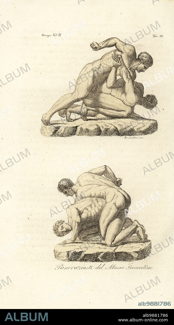 Greek athletes competing in the martial art of Pankration. After the Pancrastinae statue of Pankratiasts in the Florentine Museum (now in the Uffizi). Pancraziasti del Museo Fiorentino. Handcoloured copperplate engraving from Giulio Ferrarios Costumes Ancient and Modern of the Peoples of the World, Il Costume Antico e Moderno, Florence, 1826.