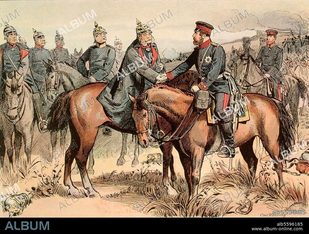 CARL RÖHLING. Deutscher Krieg 1866 / Schlacht bei Königgrätz am 3. Juli 1866. -"Die Begegnung Wilhelms I. mit seinem Sohne bei Königgrätz". (Friedrich Wilhelm, späterer Kaiser Friedrich III.). Farblithographie nach Zeichnung von Carl Röhling (1849-1922). Aus: Die Hohenzollern in Bild und Wort, Text v. R.Sternfeld, Berlin (M.Oldenbourg) o. J. (1900).