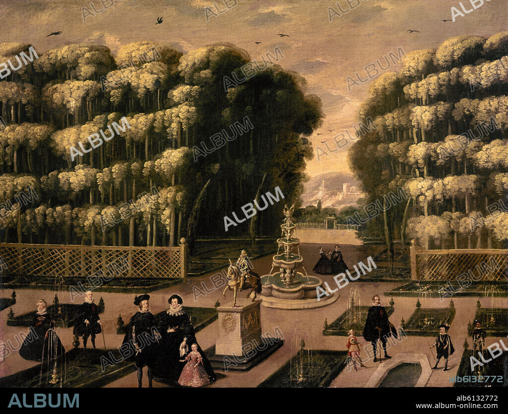 ESCUELA ESPAÑOLA DEL SIGLO XVII. FELIPE IV  CON MARIANA DE AUSTRIA Y EL INFANTE FELIPE PROSPERO 1657-1661 Y LUIS MENDEZ  DE HARO CON LA ESTATUA DE FELIPE III EN LA CASA DE CAMPO  1660.