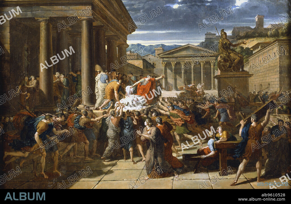 GUILLAUME LETHIERE. 'The Death of Caesar', 44 BC (c1780-1832). The body of the murdered Julius Caesar's (100-44BC) displayed to the crowd outside the Senate in Rome.