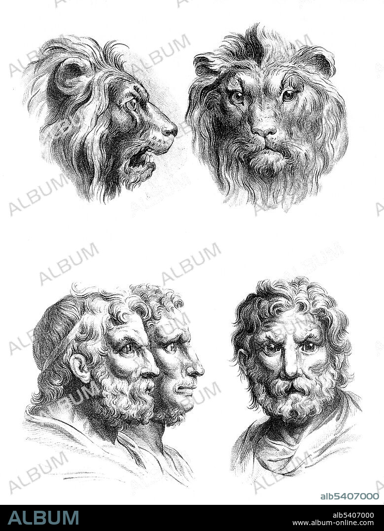 The goal of physiognomy is to judge character according to features of the face. Charles Le Brun (February 24, 1619 - February 12, 1690) was a French painter, art theorist, interior decorator and court painter to Louis XIV. Deeply influenced by the work of Descartes's Passions of the Soul (1649) Le Brun’s sketches of human faces (with anthropomorphic renderings of their animal inspirations) display the way in which he measured the various angles and spaces of the human face to relate them to the brain’s pineal gland (location of the soul according to Descartes). By observing these angles, Le Brun was able to discern personality traits from each of his figures.