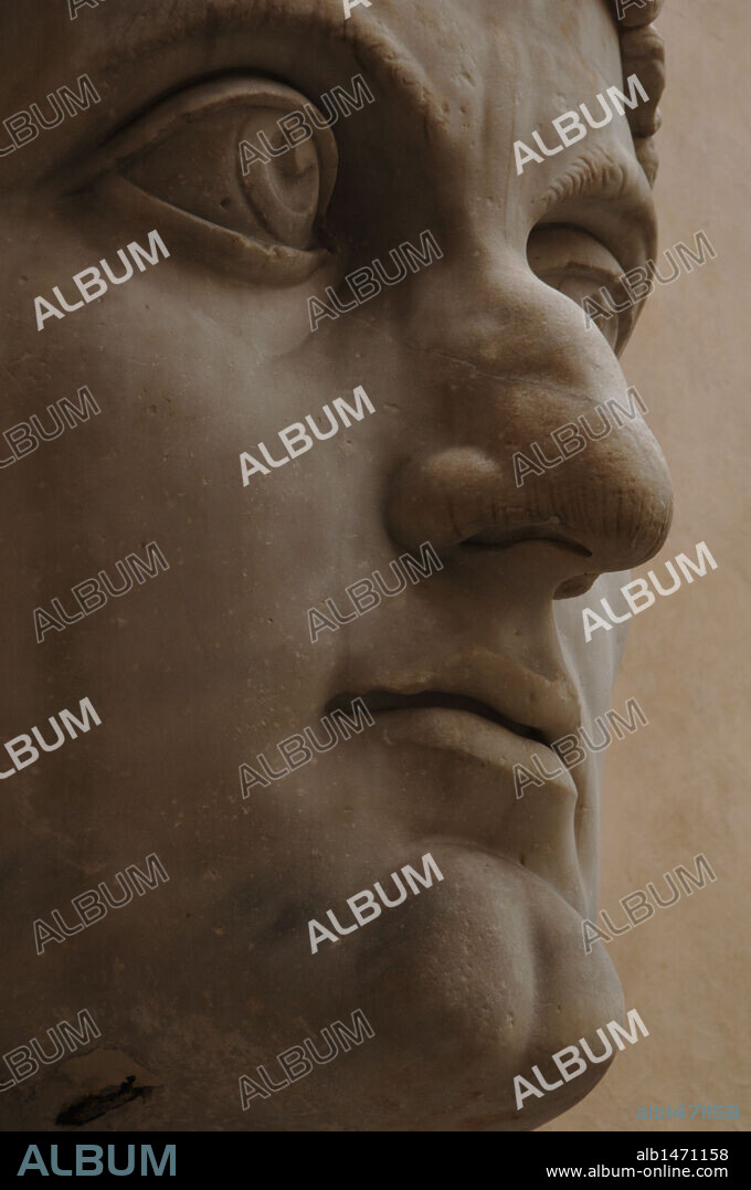 Constantine the Great (Flavius Valerius Aurelius Constantinus Augustus) (272-337). Roman Emperor from 306-337. Know for being the first roman emperor to convert to christianity. Head of Constantine's colossal statue. Detail. Face. Capitoline Museums. Rome. Italy.