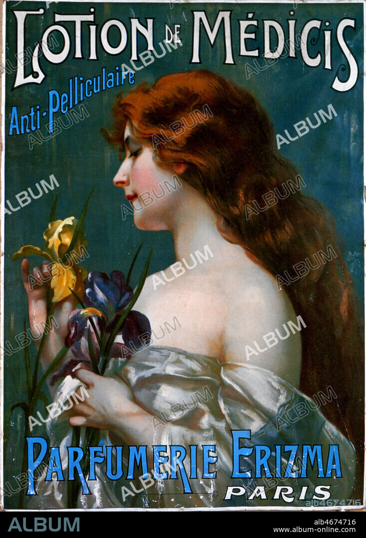 Lotion de Medicis anti-pelliculaire. Jeune femme avec des iris. Illustration anonyme pour une affiche vers 1900. Credit : Coll. Perrin/KHARBINE-TAPABOR.