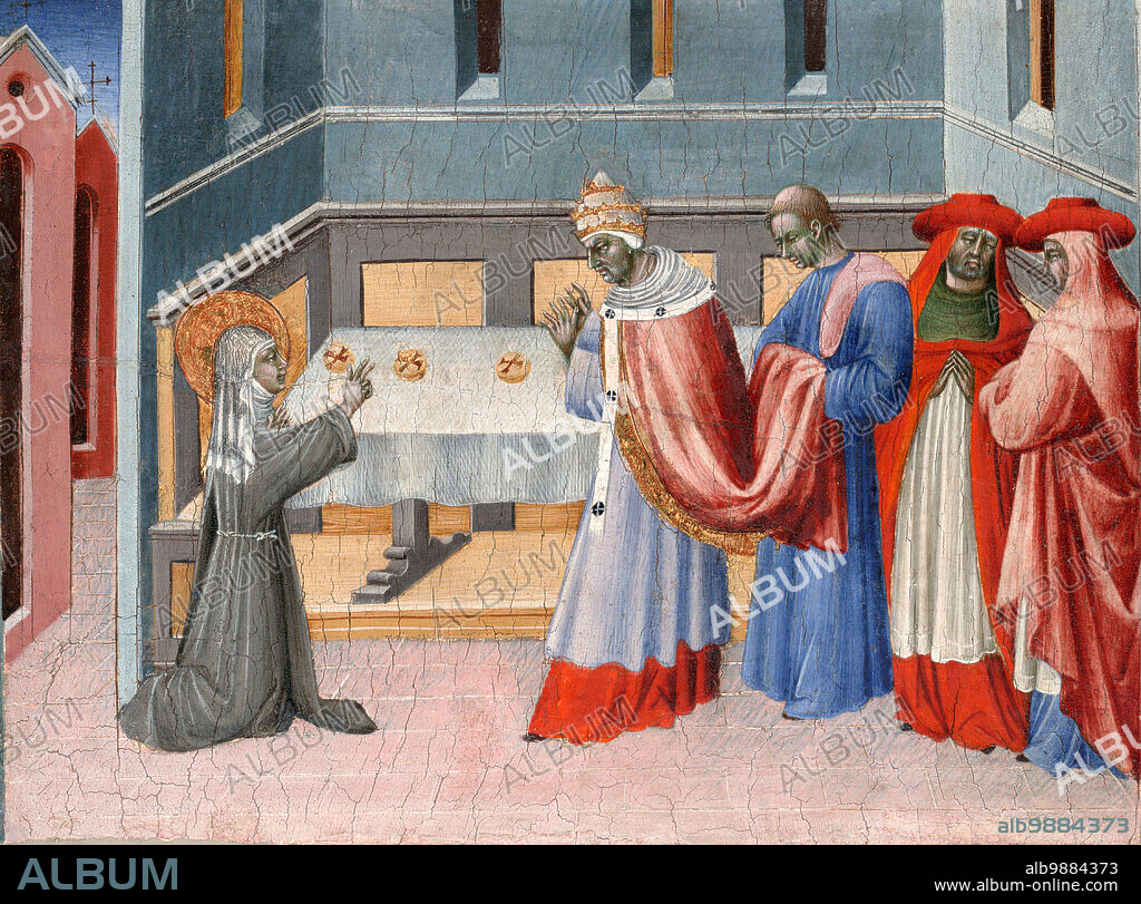 St. Clare of Assisi blessing bread in front of Pope Innocent IV, painting by Giovanni di Paolo, Historic, digitally restored reproduction from a 19th century original.