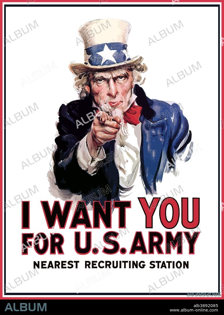 Digitally restored war propaganda poster. Uncle Sam vintage war poster. Uncle Sam declares - I Want You For U.S. Army, Nearest Recruiting Station.