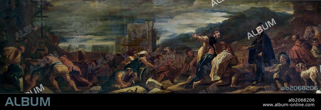 Luca Giordano / 'Felipe II, con sus arquitectos, inspecciona las obras de El Escorial', Hacia 1692, Escuela Italiana, Óleo sobre Lienzo, 53 cm x 168 cm, P00189.