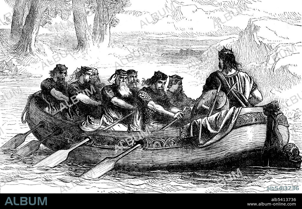 Edgar being rowed down the River Dee by eight Tributary Princes. Six kings in Britain, including the kings of Scotland and of Strathclyde, pledged their faith that they would be the king's liege-men on sea and land. Edgar the Peaceful (943 - July 8, 975) was a King of England (959 -975). As king, Edgar further consolidated the political unity achieved by his predecessors, with his reign being noted for its stability. The pinnacle of Edgar's reign was his coronation at Bath in 973, which was organized by Dunstan and forms the basis for the current coronation ceremony. Cassell's Illustrated History of England, 1865 (cropped and cleaned).