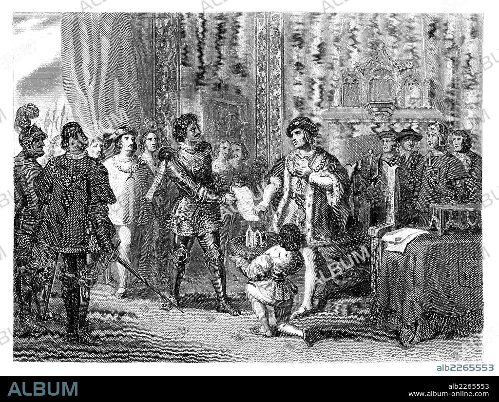Francia. Luis XI (1423-1483) reunido en Péronne con Carlos el Temerario, negociando un tratado de apoyo a Borgoña. Grabado de 1853.