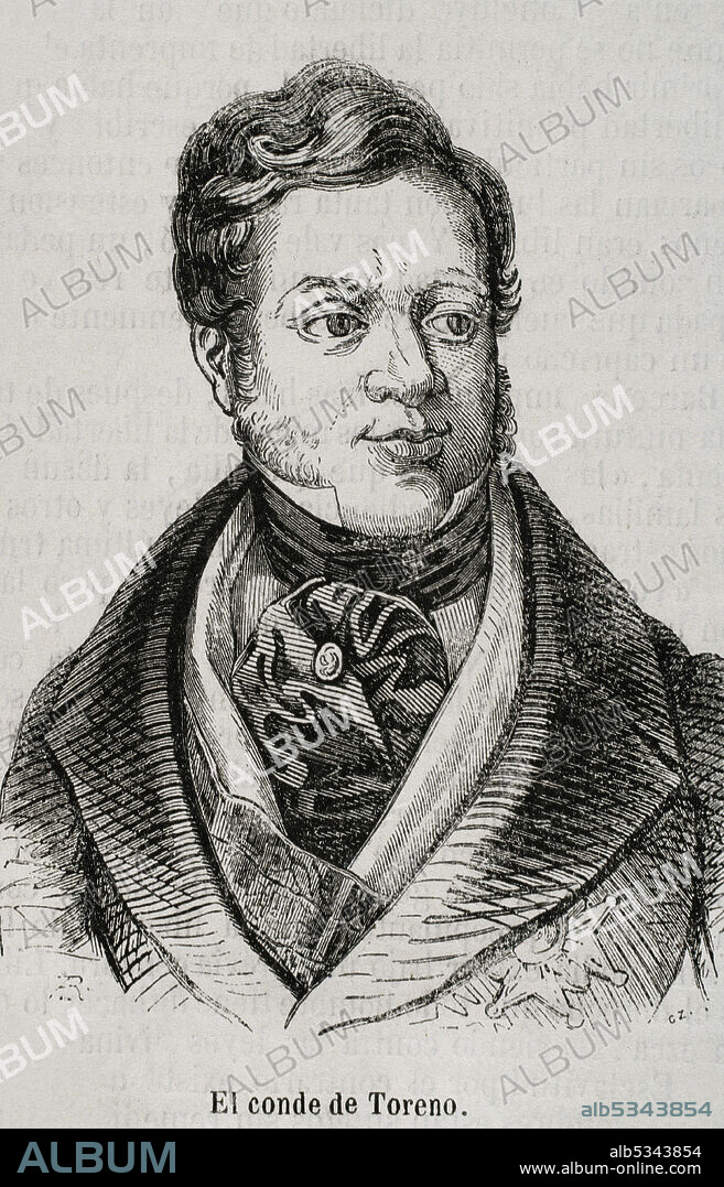 José María Queipo de Llano (1786-1843). Conde de Toreno y vizconde de Matarrosa. Político e historiador español. Presidente del Consejo de Ministros (7 de junio-14 de septiembre de 1835). Retrato. Grabado. Historia General de España por el Padre Mariana. Madrid, 1853.