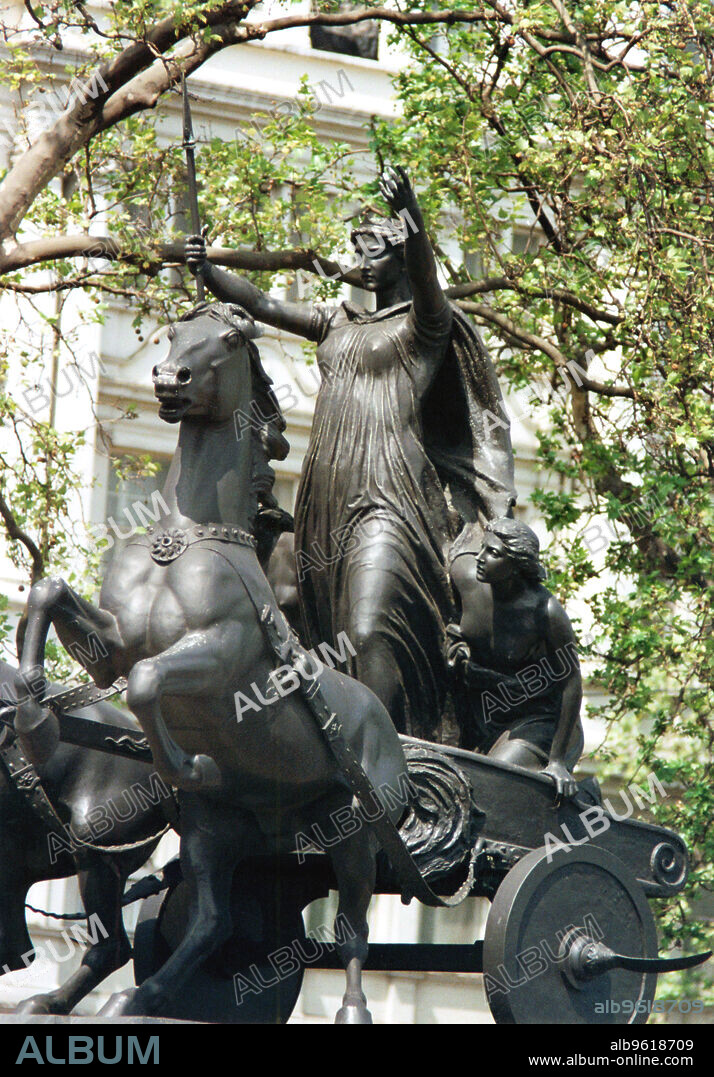 THOMAS THORNYCROFT. Statue of Boudicca and her daughters in a chariot, Thames Embankment, London, 19th century. After the death of Boudicca's husband Prasutagus, leader of the Iceni, the Romans confiscated his lands, committing various atrocities, including the rape of Boudicca's daughters. This prompted Boudicca and the Iceni to launch a revolt against the Romans in 61 AD. The revolt was initially successful, with Colchester, London and St Albans brutally sacked. Eventually Boudicca's army was defeated by a Roman force under Seutonius Paullinus, after which Boudicca is said to have committed suicide by taking poison.