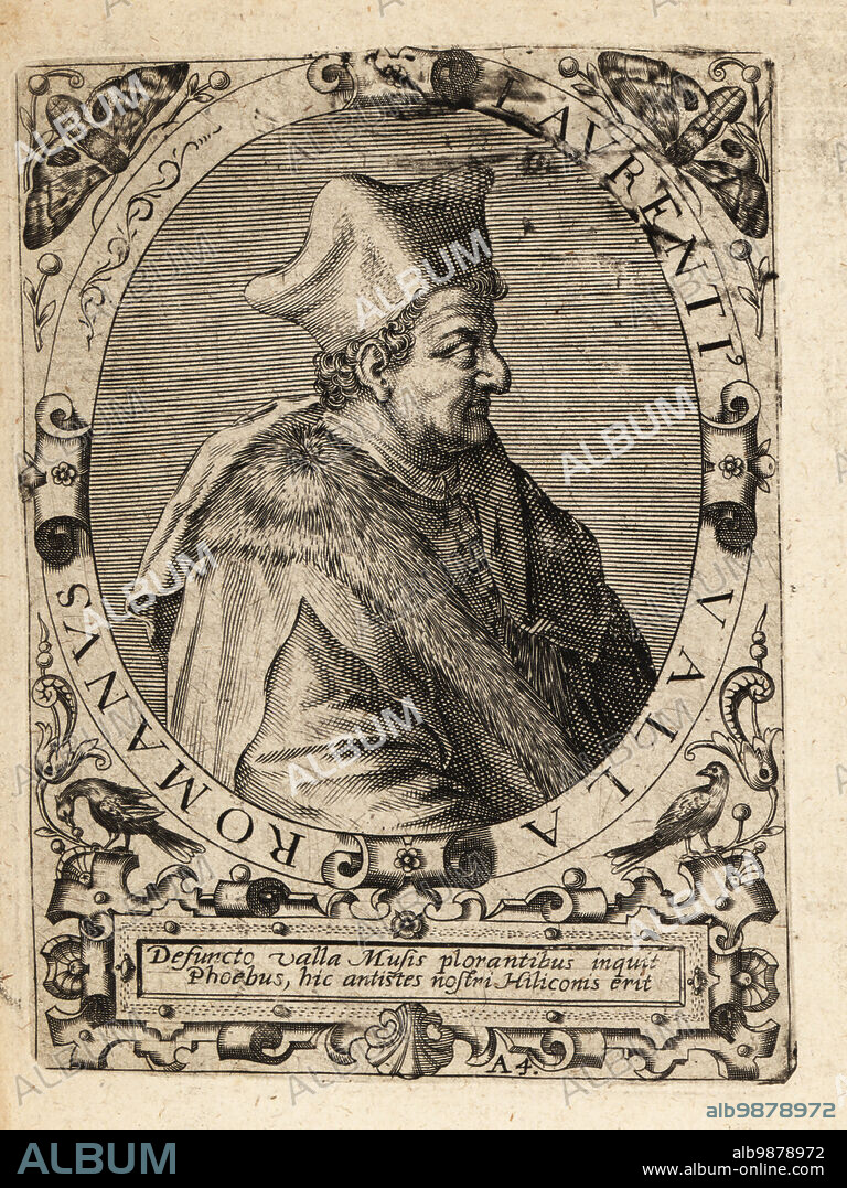 Lorenzo Valla, c1407-1457, Italian humanist, rhetorician, educator and Catholic priest. Lavrenti Valla Romanus. Copperplate engraving by Johann Theodore de Bry from Jean-Jacques Boissards Bibliotheca Chalcographica, Johann Ammonius, Frankfurt, 1650.