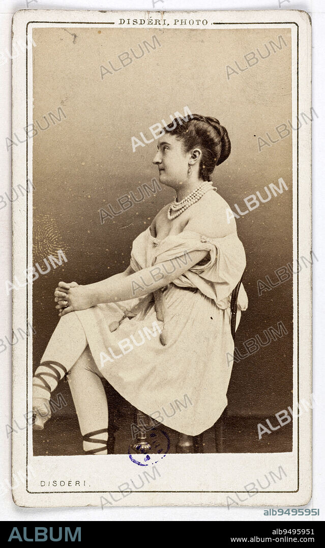 Portrait of Caroline Van Dyck, actress at the Théâtre des Bouffes Parisiens in 1869-1871, at the Théâtre des Folies Dramatiques and at the Théâtre Athénée? in 1878., Disdéri, André-Adolphe-Eugène, Photographer, Between 1860 and 1890, 2nd half of the 19th century, Photography, Graphic arts, Photography, Albumen paper print, Dimensions - Work: Height: 8.8 cm, Width: 5.4 cm, Dimensions: Height: 10.5 cm, Width: 6.3 cm.