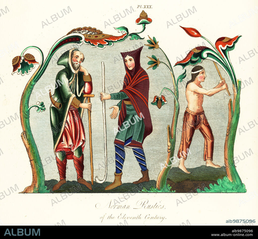 Norman shepherds in capuce (hooded cloak) with crook and horn, and a peasant in red trousers with staff. Norman rustics of the 11th century. From the Winchester Psalter, Cotton MS Nero C iv, and MS Douce 293 f.9r. Handcoloured engraving by Joseph Strutt from his Complete View of the Dress and Habits of the People of England, Henry Bohn, London, 1842.