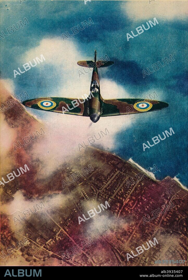 A Vickers' Supermarine Spitfire', 1940. The Spitfire was designed as a short-range, high-performance interceptor aircraft by Reginald Joseph Mitchell (1895?1937), chief designer at Supermarine Aviation Works, which operated as a subsidiary of Vickers-Armstrong from 1928. After a picture produced by Vickers-Armstrong Ltd. From 'Our Air Force' published by Ward, Lock & Co., Ltd., 1940.