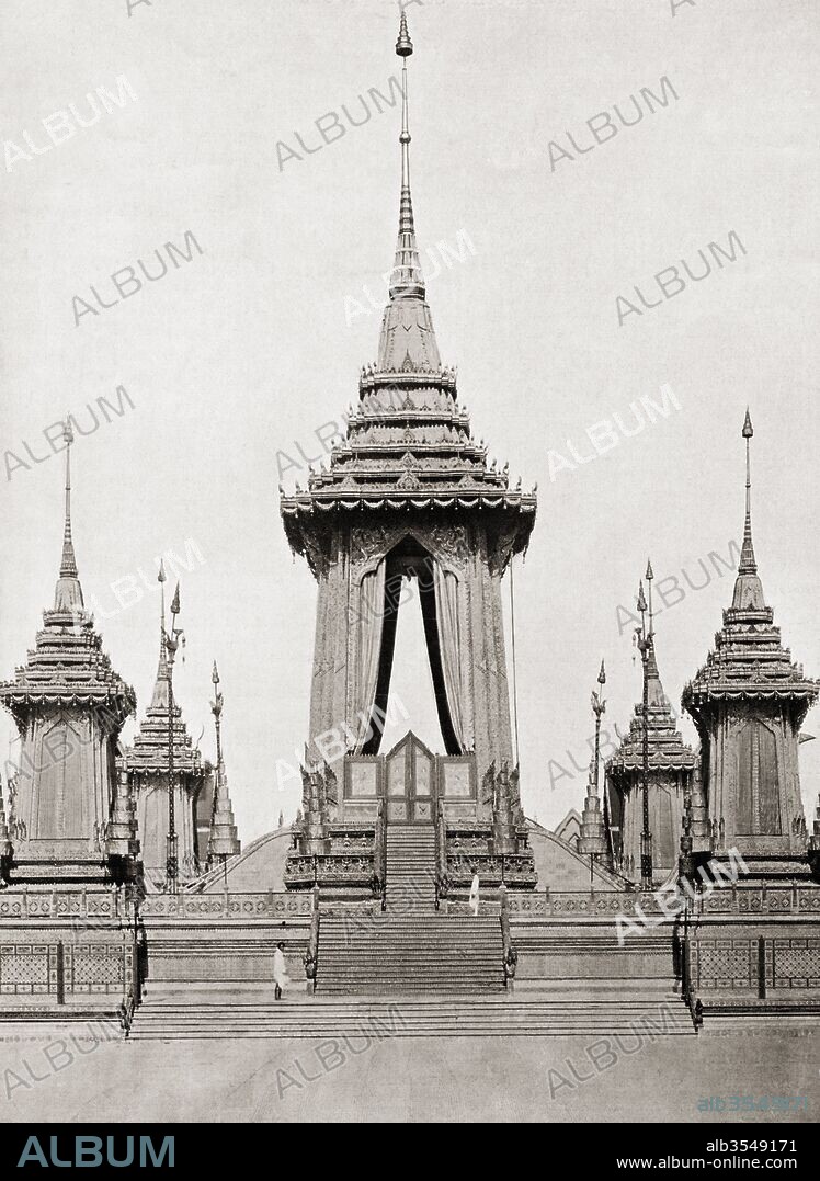 The funeral pyre of King Chulalonkorn at Bangkok, Thailand. Rama V, 1853 –1910. Fifth monarch of Siam under the House of Chakri. After a 19th century photograph. From Customs of The World, published c.1913.