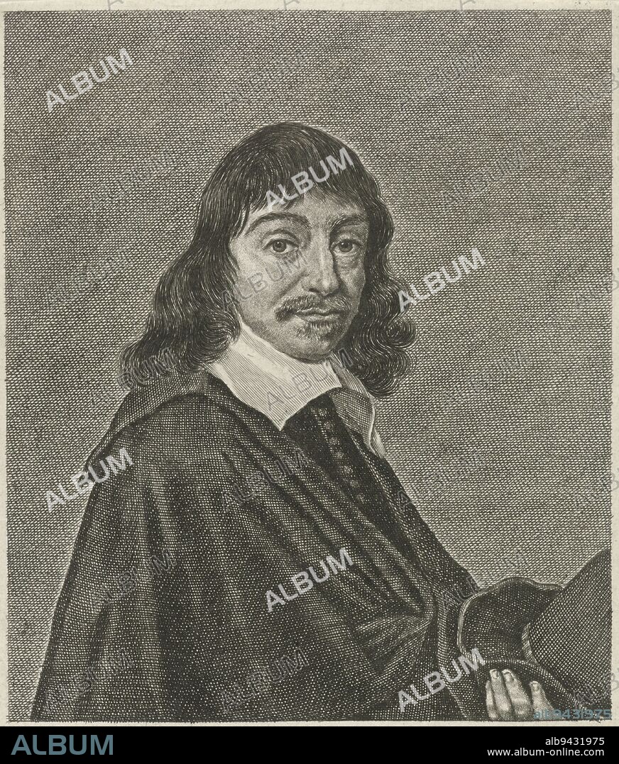 Portrait of René Descartes, Jacob van Meurs, after Jonas Suyderhoef, after Frans Hals, 1650 - 1652, Portrait of the French philosopher René Descartes. Below in the margin a four-line text in Latin., print maker: Jacob van Meurs, (mentioned on object), Jonas Suyderhoef, after: Frans Hals, (mentioned on object), Amsterdam, 1650 - 1652, paper, engraving, h 198 mm × w 148 mm.