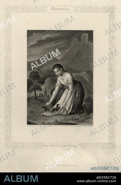 Chamisso, Adelbert von Dichter u. Naturforscher. 1781-1838. Werke: Das Riesenspielzeug. Illustration. Stahlstich, um 1850, von Carl Mayer. (1798-1868) nach Johann Baptist Zwecker. (1814-1876). 11,7 × 8,1 cm. Berlin, Sammlung Archiv für Kunst und Geschichte.