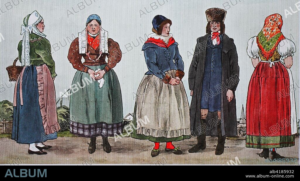 Fashion, clothes in Germany, costumes from Upper Silesia, about 19th century, from the left, woman in costume from Tannhausen, then one from Neuland near Neisse, then two Upper Silesian winter costumes and a woman in a costume from Czarnowanz, digital improved reproduction from an original from the year 1900.