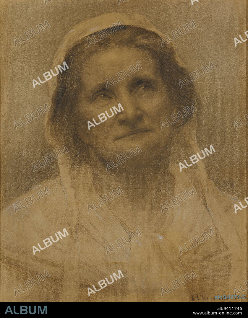 Head of a Peasant Woman, 1874, Léon-Augustin Lhermitte, French, Mont-Saint-Père, Aisne 1844Paris 1925, 16 3/16 × 13 5/16 in. (41.1 × 33.8 cm), Charcoal and chalk on off-white paper, France, 19th century, Léon Augustin Lhermittes sympathetic, realistic portrayal of the people of rural France played well to Parisian audiences and even gained the admiration of the Dutch artist Vincent van Gogh (18531890). This drawing reflects Lhermittes commitment to naturalism both in its acutely observed handling and its humble subject. The sitter, an aging woman with a simple veil and shawl, becomes, in Lhermittes hand, an image of strength and grace.